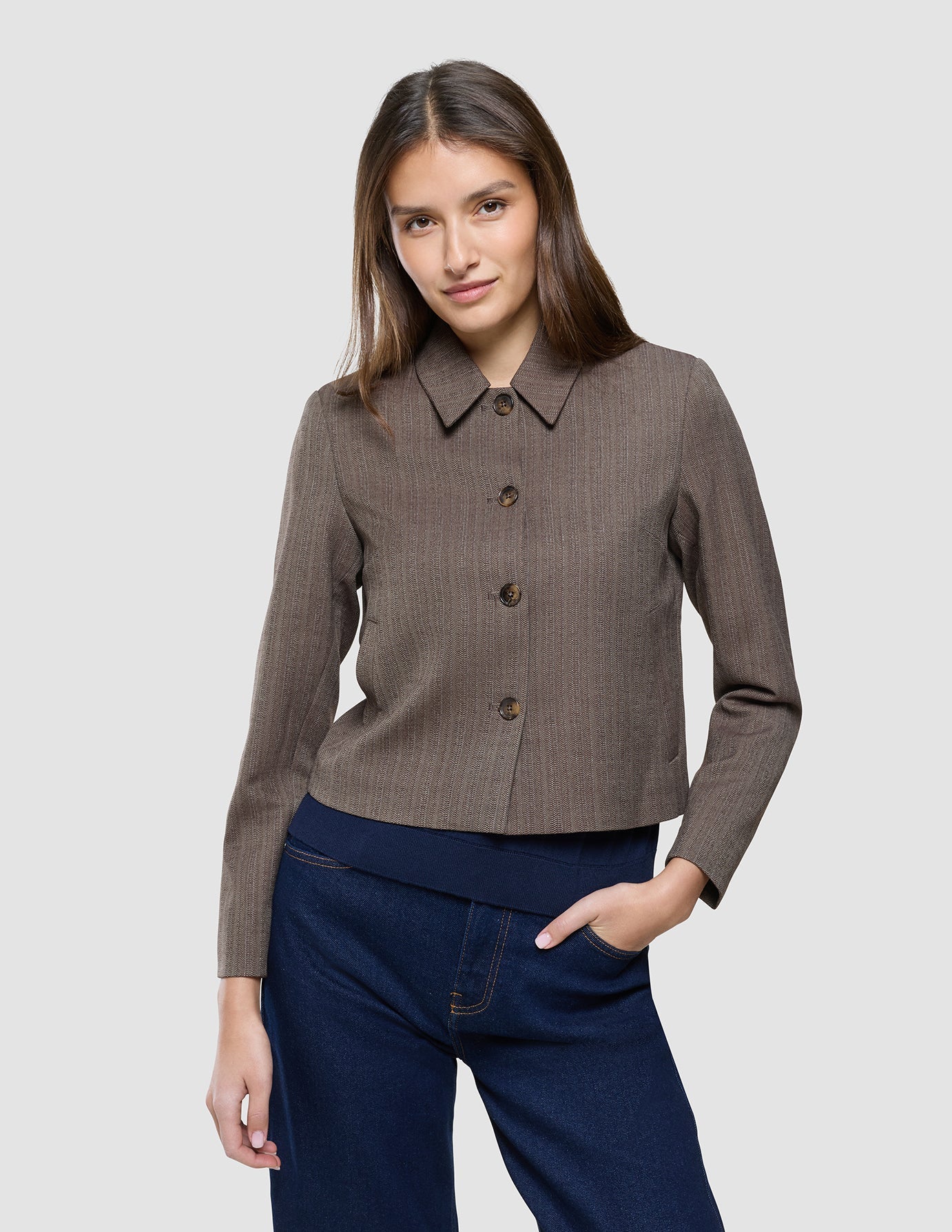 Women Serene Short Jacket Brown Stone Herringbone